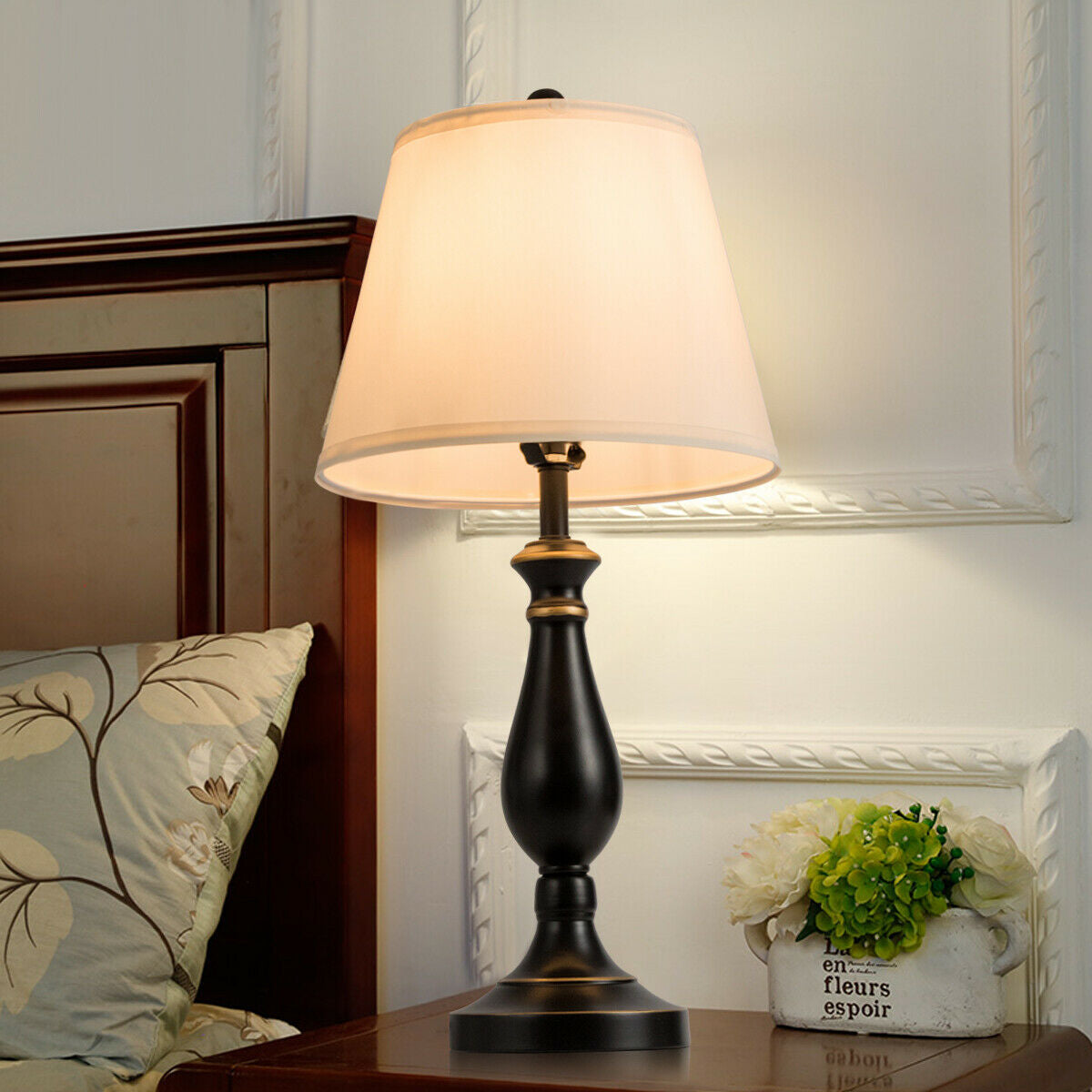 Elegant 3 Piece Brushed Nickel Lamp Set with White Fabric Shades - Black