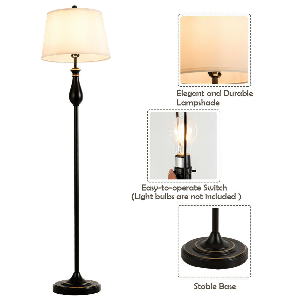 Elegant 3 Piece Brushed Nickel Lamp Set with White Fabric Shades - Black
