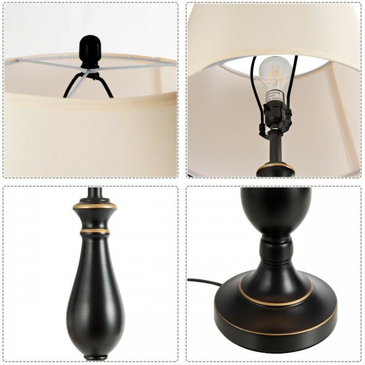 Elegant 3 Piece Brushed Nickel Lamp Set with White Fabric Shades - Black