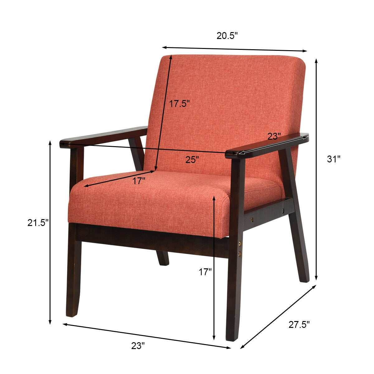 Mid-Century Style Accent Chair with Solid Wood Frame and Soft Fabric Seat, Orange