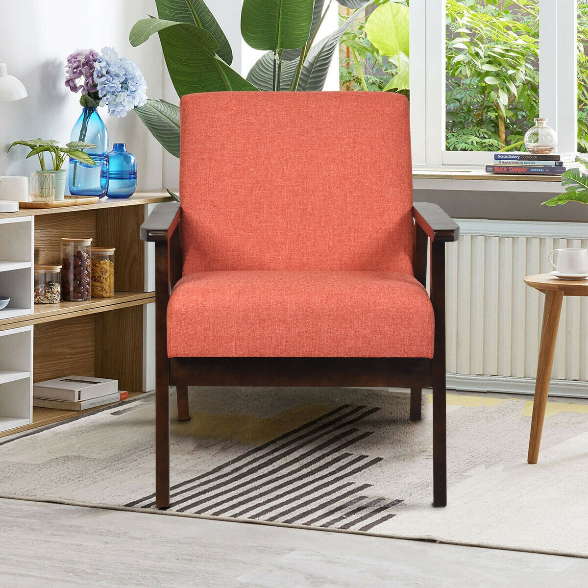 Mid-Century Style Accent Chair with Solid Wood Frame and Soft Fabric Seat, Orange