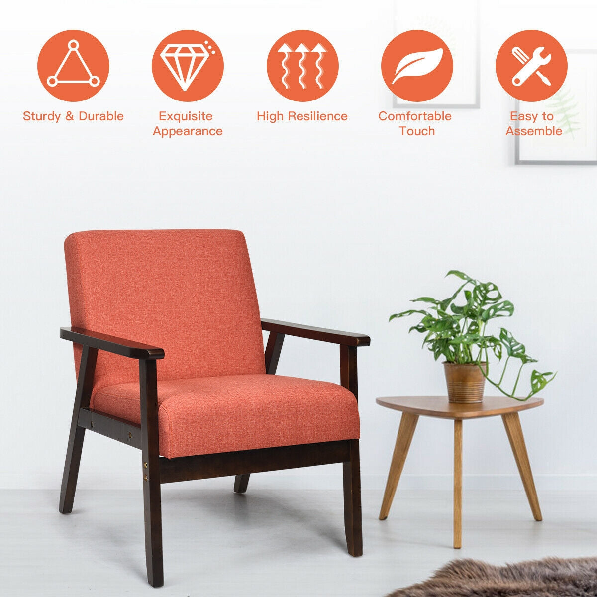 Mid-Century Style Accent Chair with Solid Wood Frame and Soft Fabric Seat, Orange