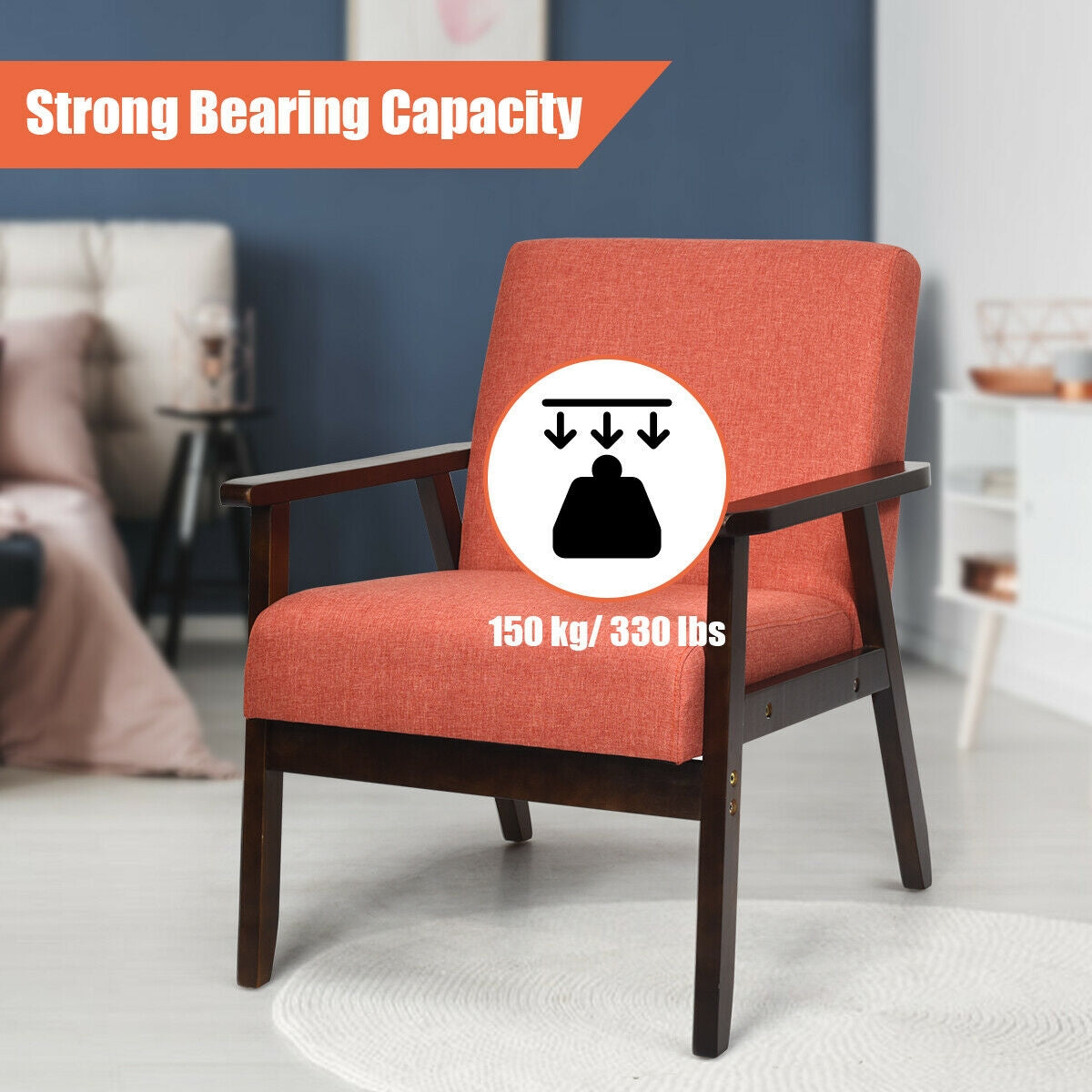 Mid-Century Style Accent Chair with Solid Wood Frame and Soft Fabric Seat, Orange
