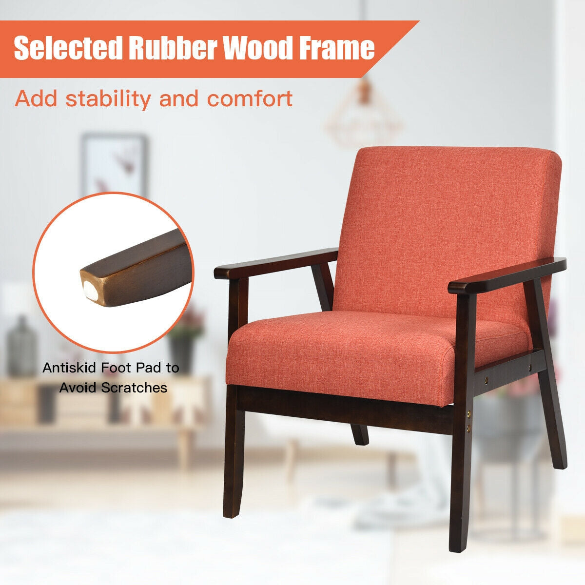 Mid-Century Style Accent Chair with Solid Wood Frame and Soft Fabric Seat, Orange