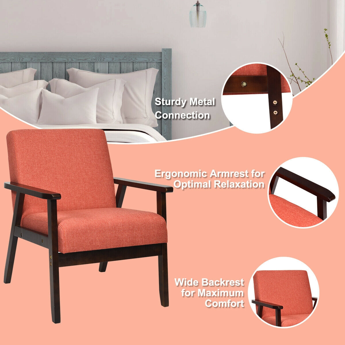 Mid-Century Style Accent Chair with Solid Wood Frame and Soft Fabric Seat, Orange