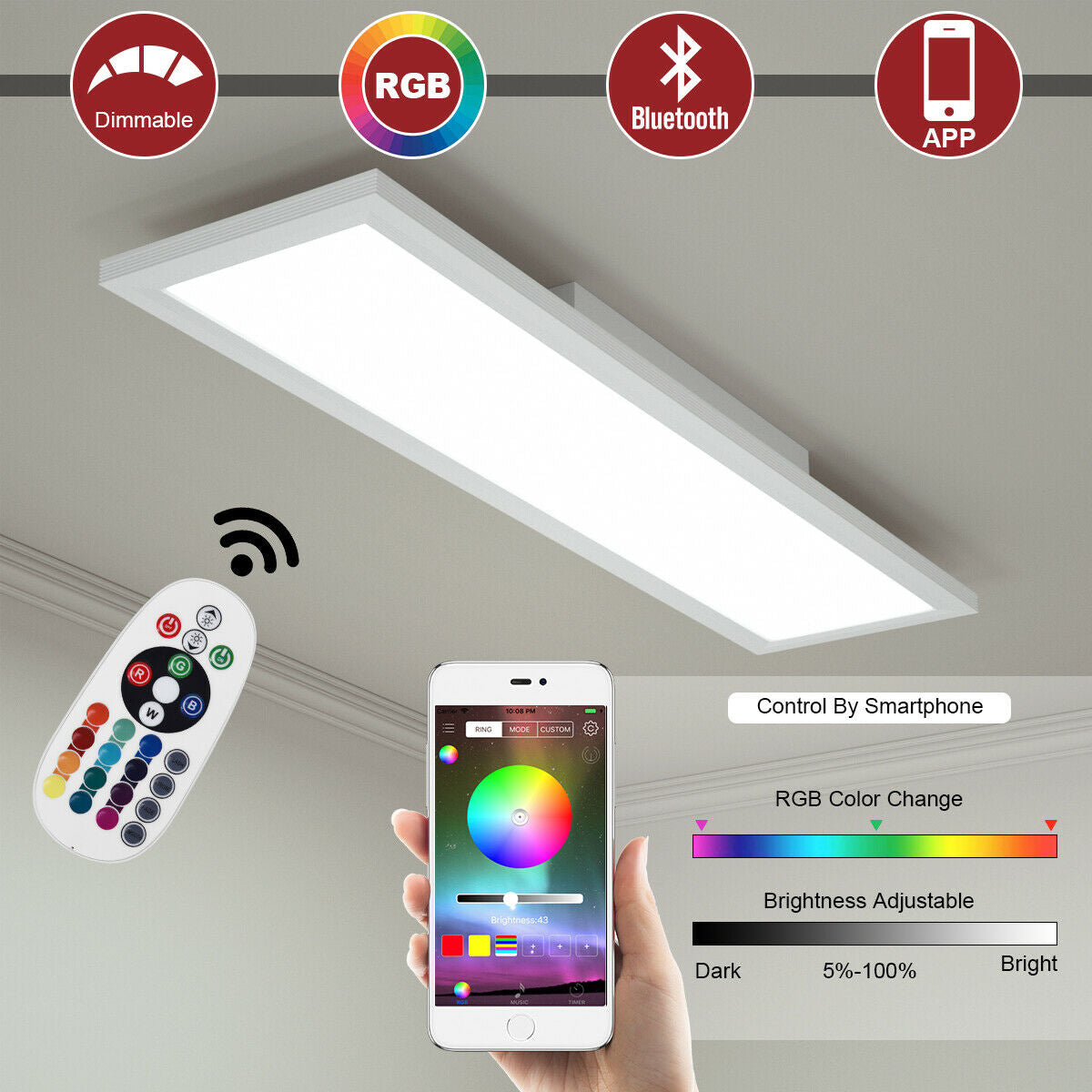 18W RGB LED Ceiling Light with Adjustable Brightness & Remote Control