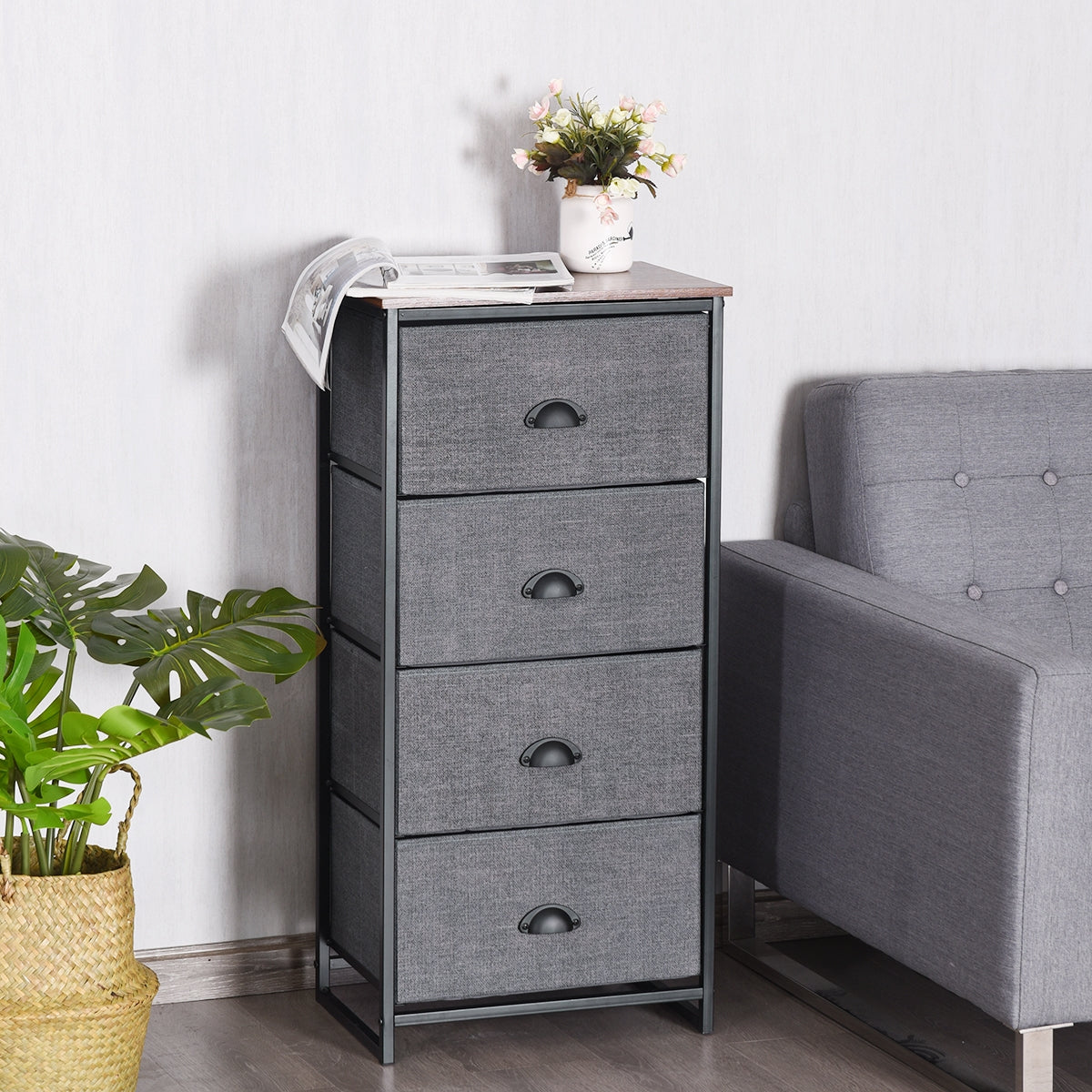 Compact 4-Drawer Storage Chest with Metal Frame and Fabric Drawers, Stylish Organizer Cabinet – Black