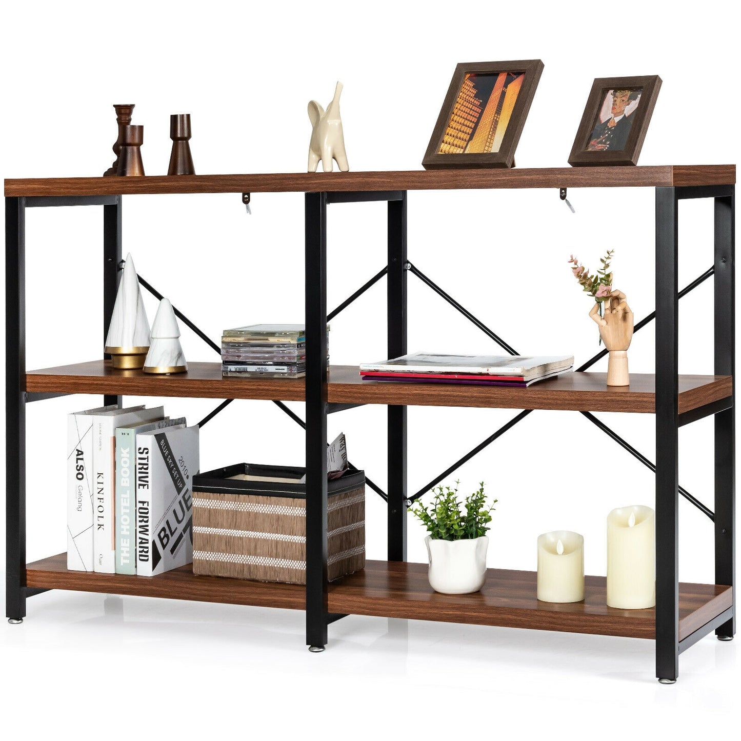 47 Inch Industrial Console Table with Open Storage Shelves for Entryway or Hallway - Rustic Brown
