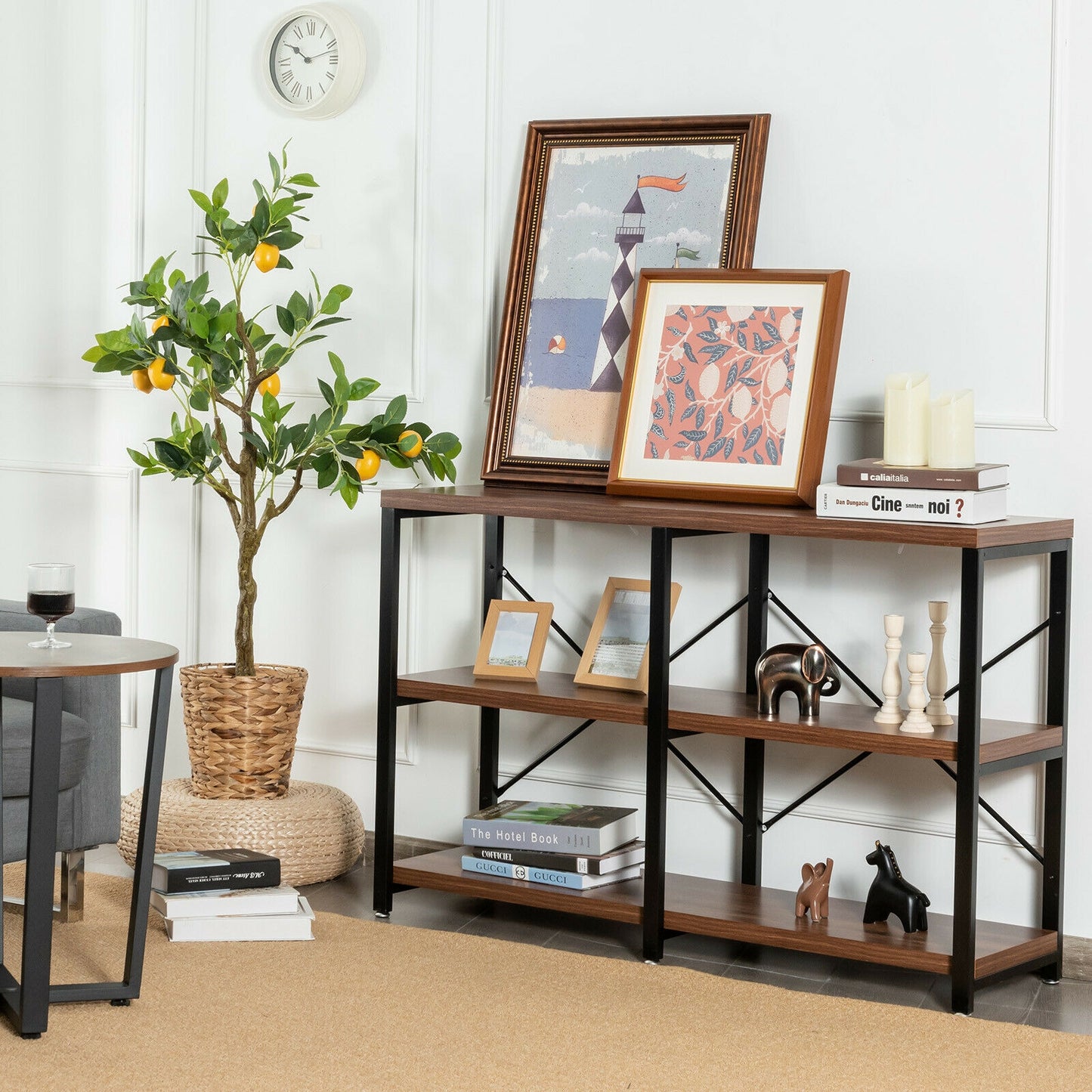 47 Inch Industrial Console Table with Open Storage Shelves for Entryway or Hallway - Rustic Brown