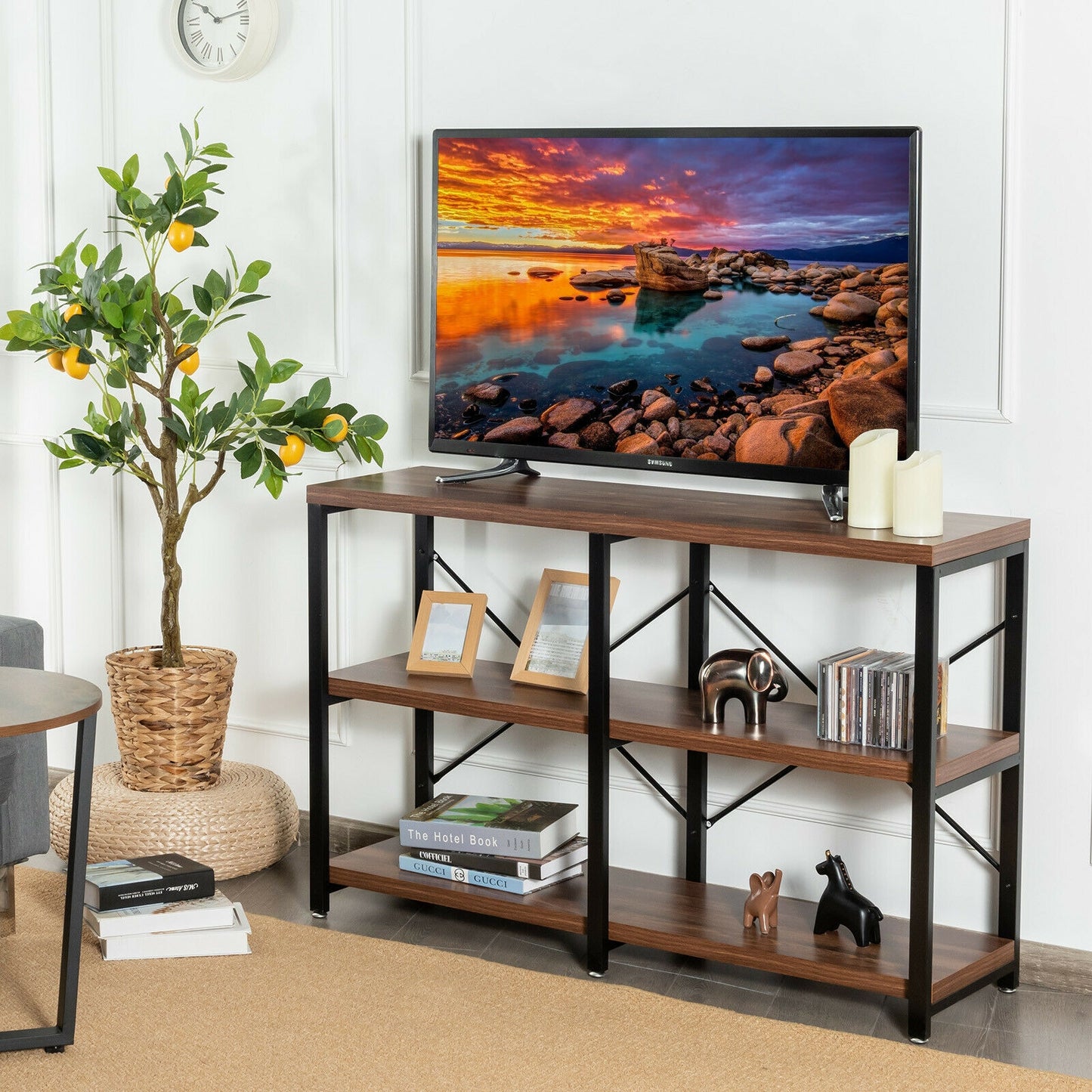 47 Inch Industrial Console Table with Open Storage Shelves for Entryway or Hallway - Rustic Brown