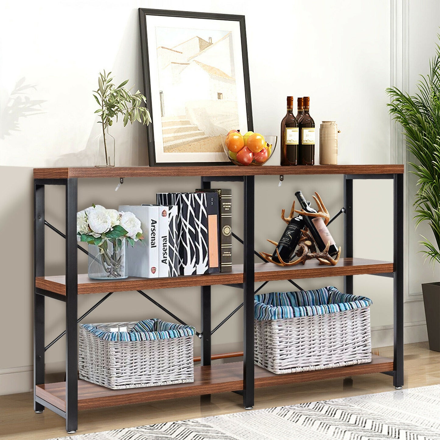 47 Inch Industrial Console Table with Open Storage Shelves for Entryway or Hallway - Rustic Brown