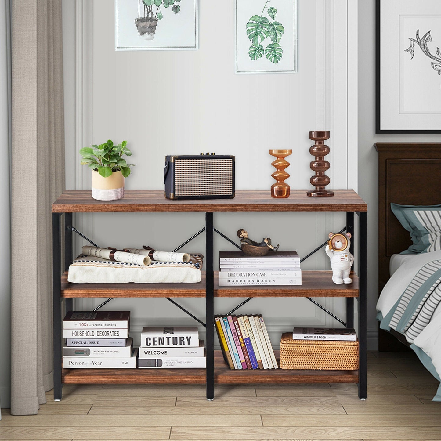 47 Inch Industrial Console Table with Open Storage Shelves for Entryway or Hallway - Rustic Brown
