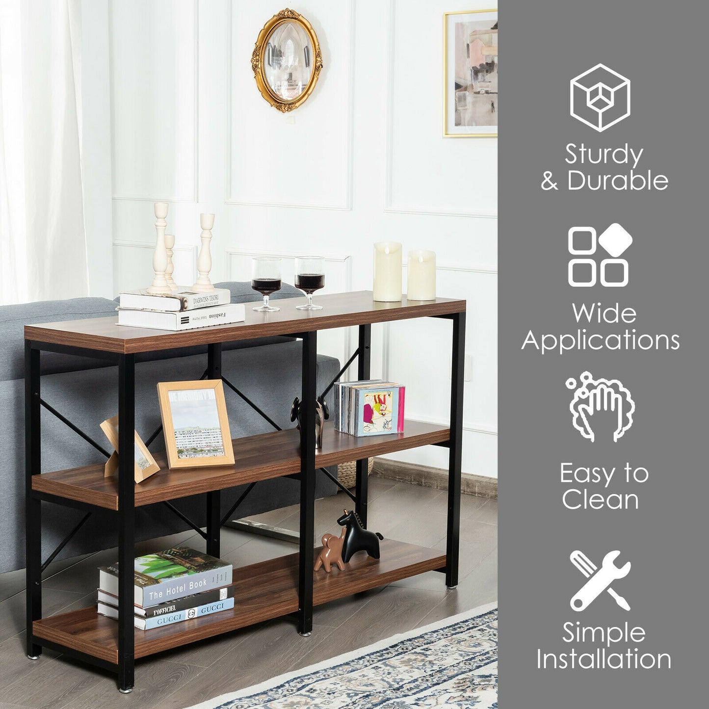 47 Inch Industrial Console Table with Open Storage Shelves for Entryway or Hallway - Rustic Brown