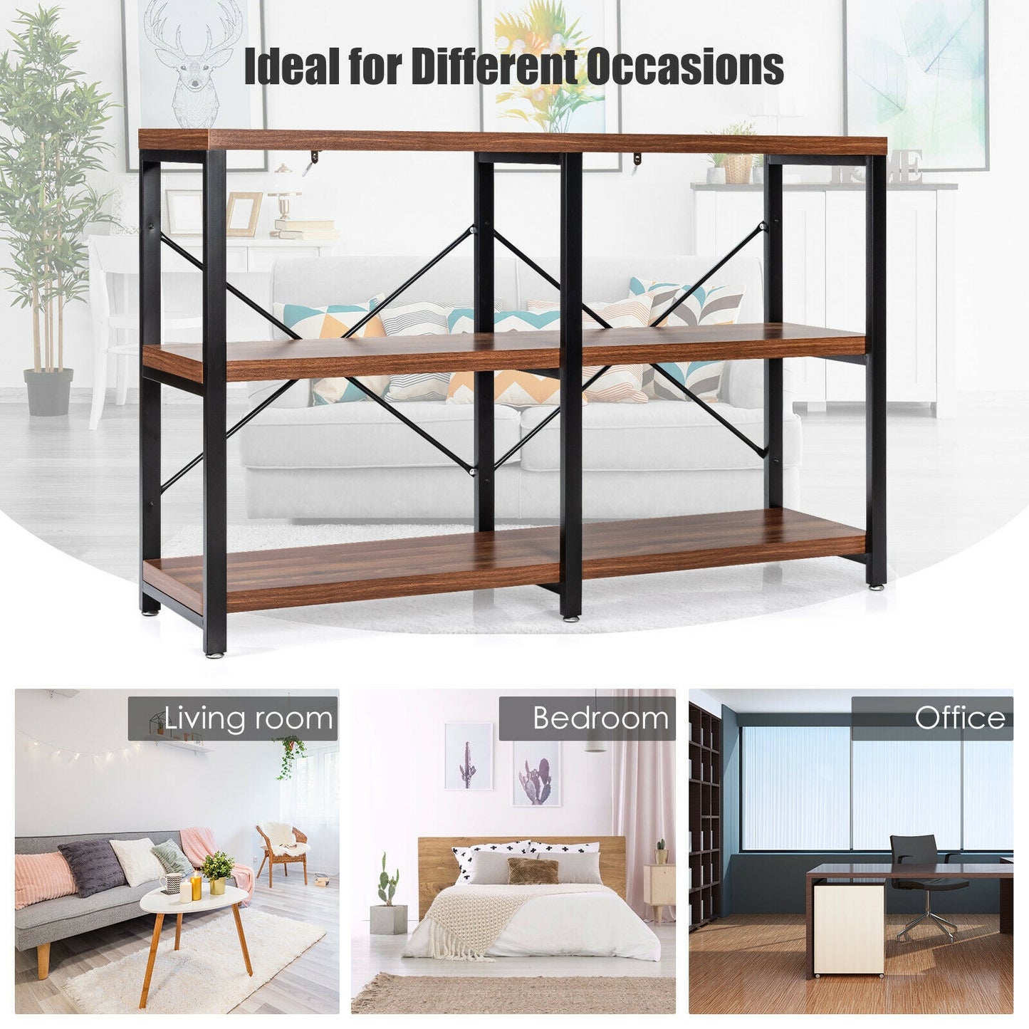 47 Inch Industrial Console Table with Open Storage Shelves for Entryway or Hallway - Rustic Brown