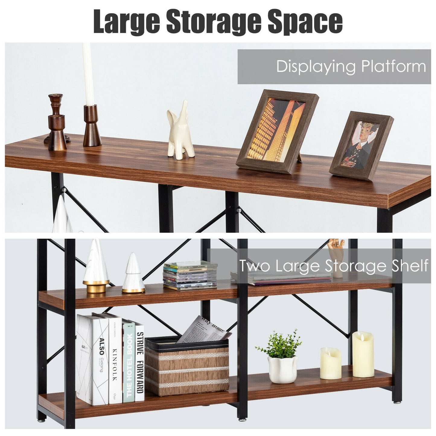 47 Inch Industrial Console Table with Open Storage Shelves for Entryway or Hallway - Rustic Brown