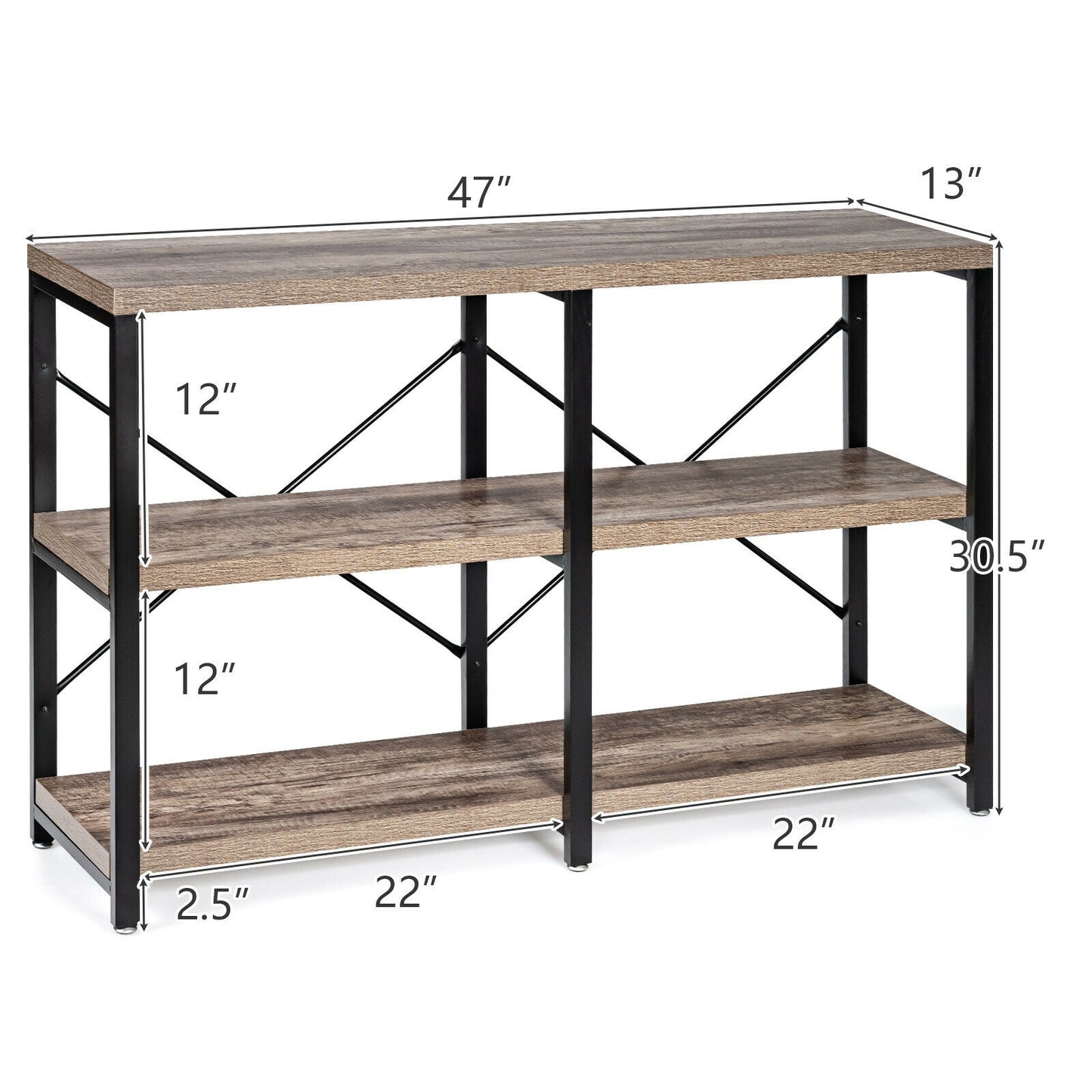 47 Inch Industrial Console Table with Open Storage Shelves for Entryway or Hallway - Natural