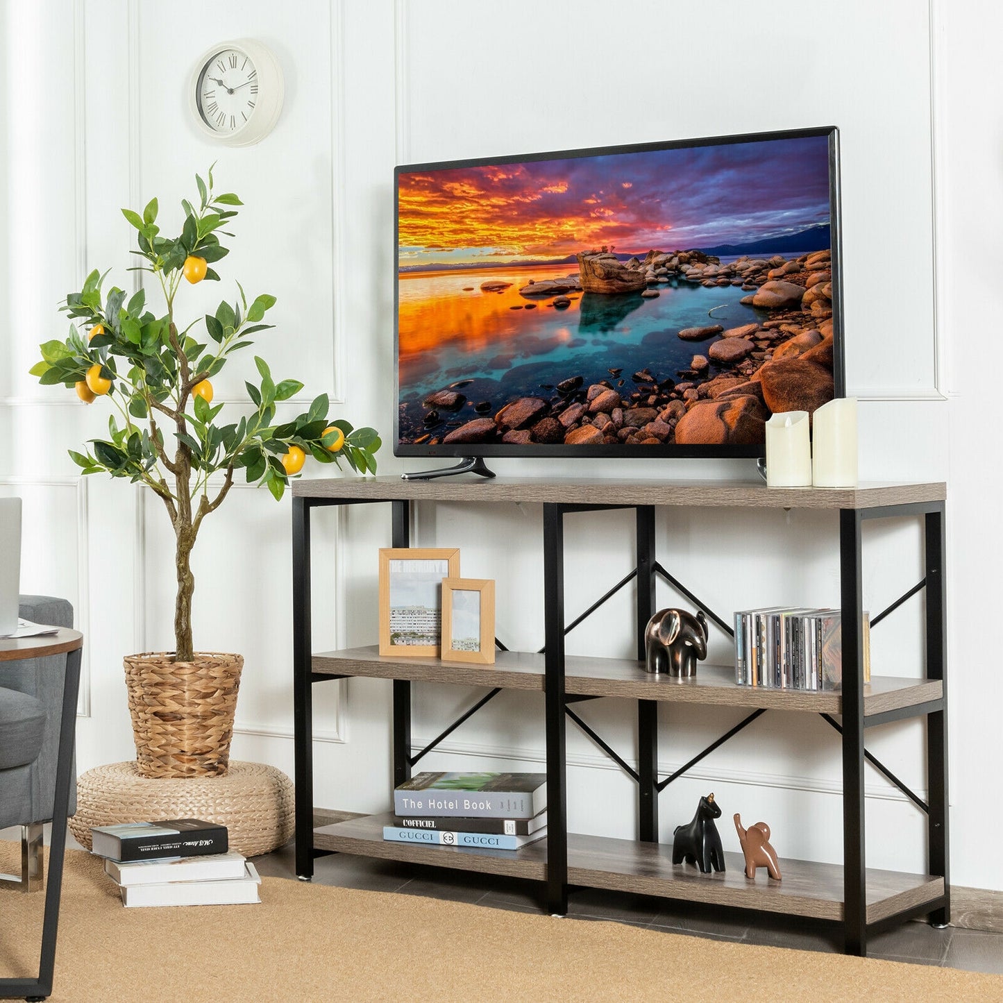 47 Inch Industrial Console Table with Open Storage Shelves for Entryway or Hallway - Natural
