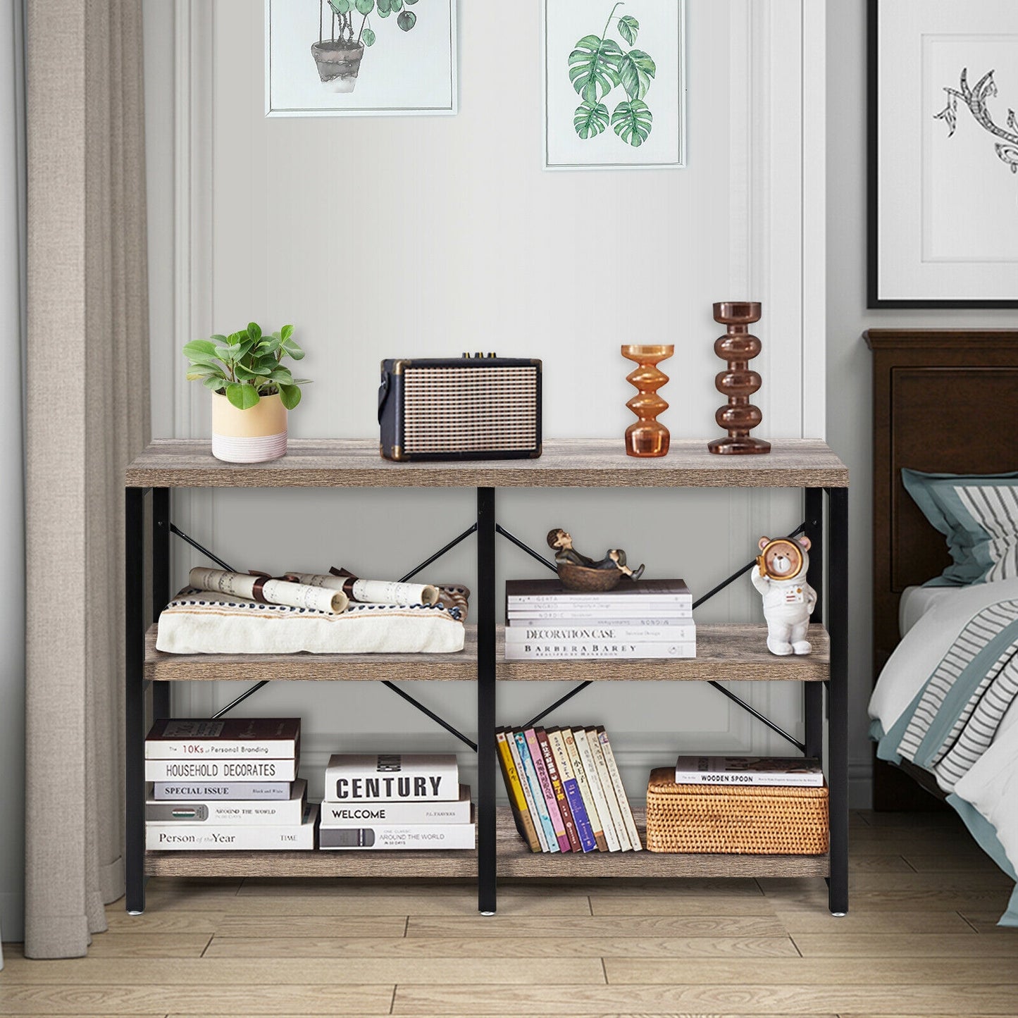 47 Inch Industrial Console Table with Open Storage Shelves for Entryway or Hallway - Natural