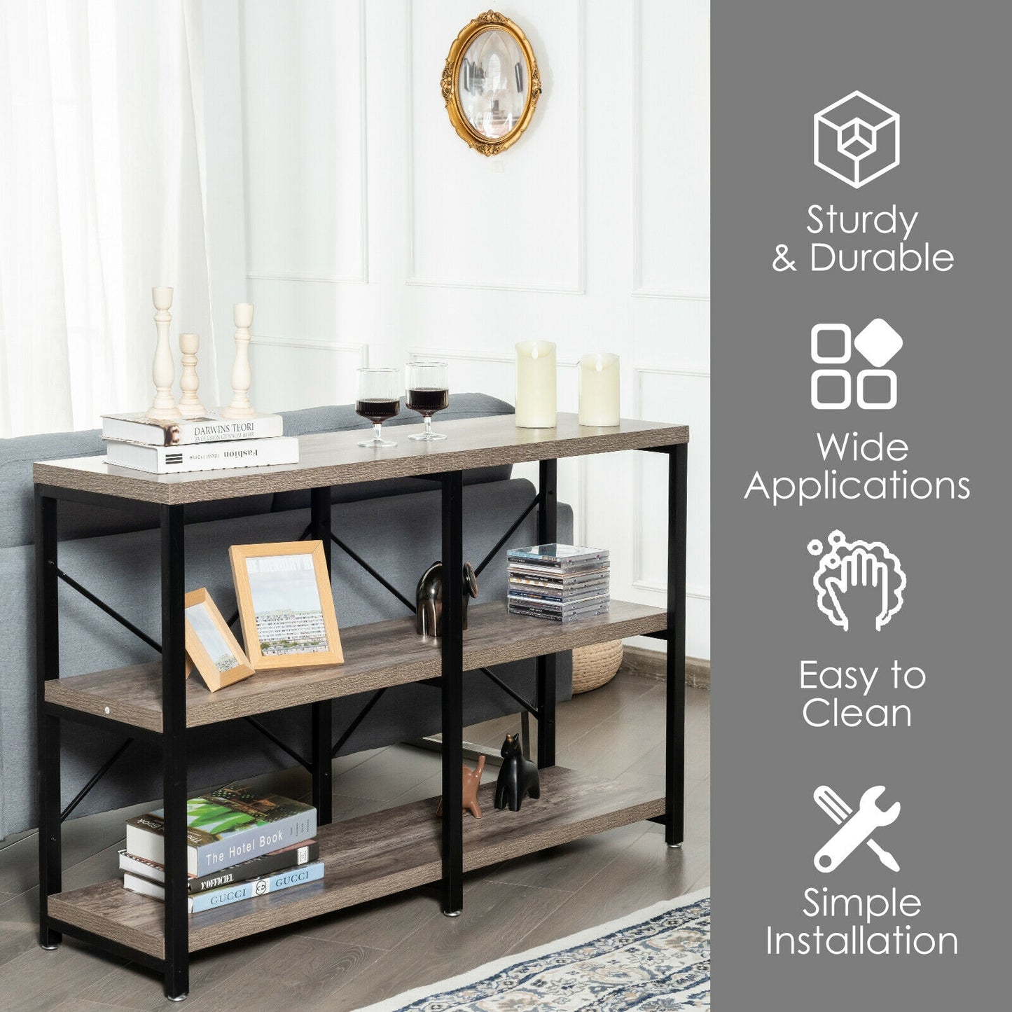 47 Inch Industrial Console Table with Open Storage Shelves for Entryway or Hallway - Natural