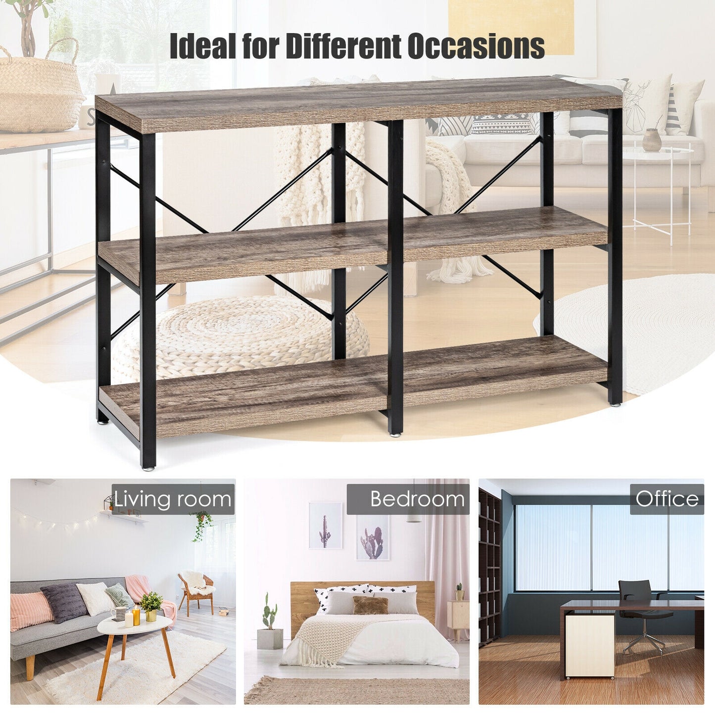 47 Inch Industrial Console Table with Open Storage Shelves for Entryway or Hallway - Natural
