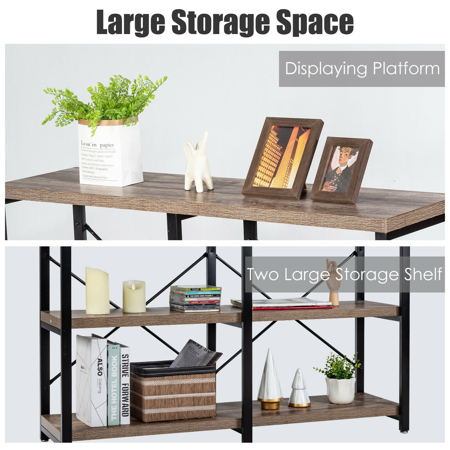 47 Inch Industrial Console Table with Open Storage Shelves for Entryway or Hallway - Natural