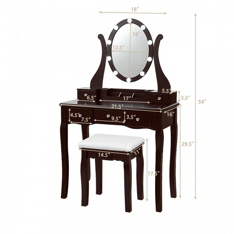 Vanity Set with Lighted Mirror, 10 Dimmable LEDs, Drawers, and Cushioned Stool – Black