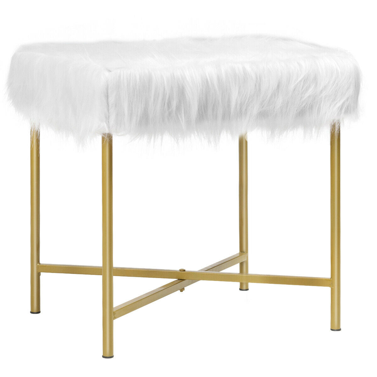 Elegant Ottoman with Gold Metal Legs and Faux Fur Upholstery - White