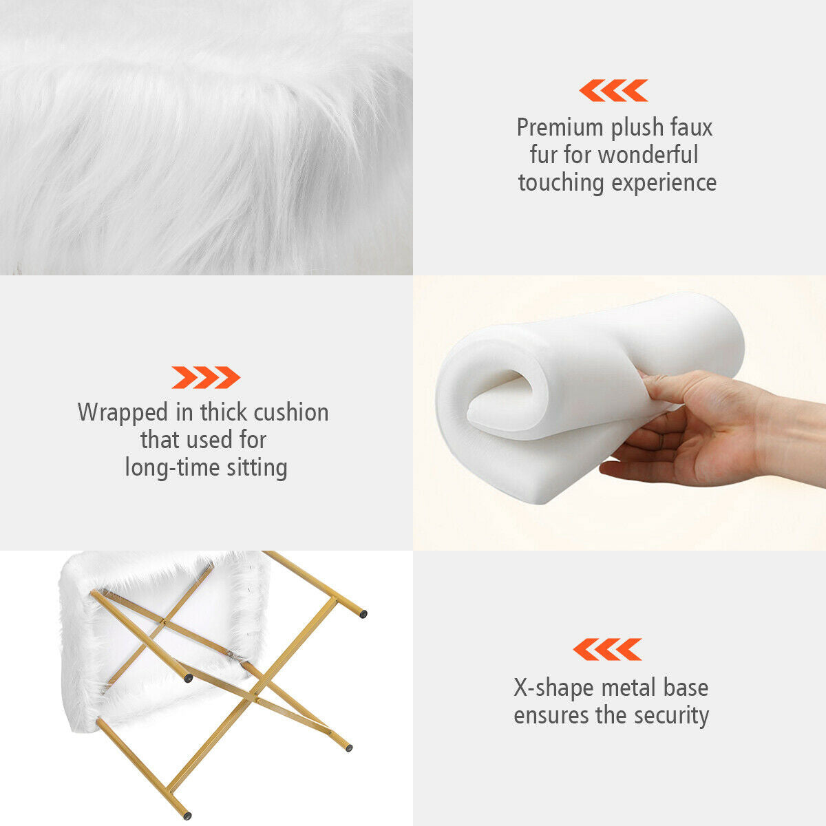 Elegant Ottoman with Gold Metal Legs and Faux Fur Upholstery - White