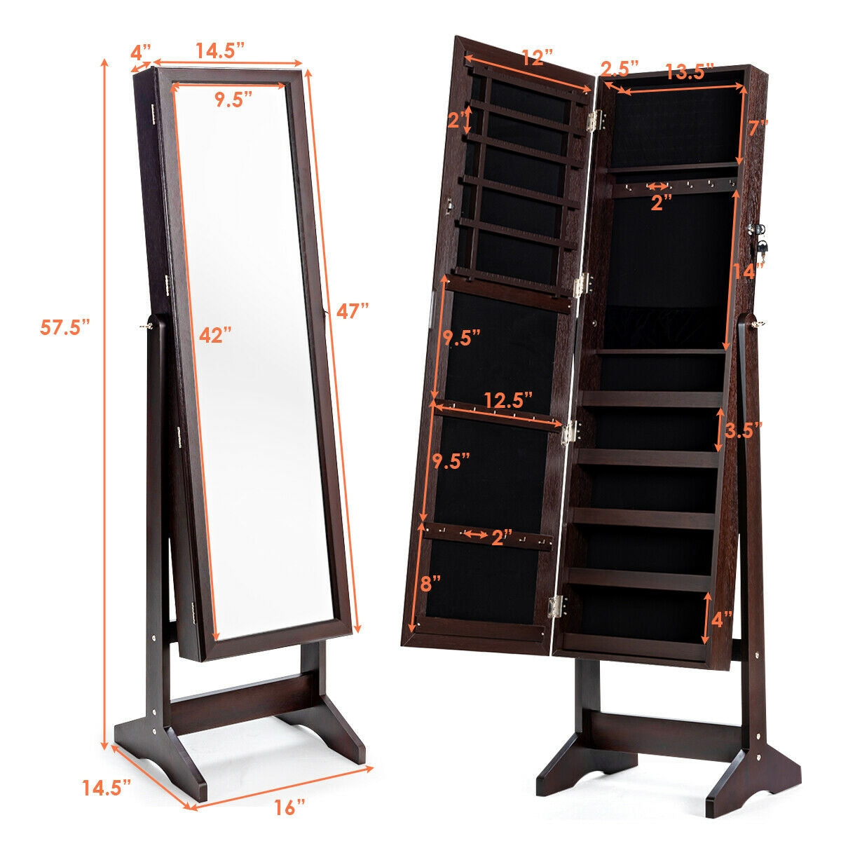 Elegant Jewelry Armoire Stand with Full-Length Mirror & Large Storage for Accessories - Brown