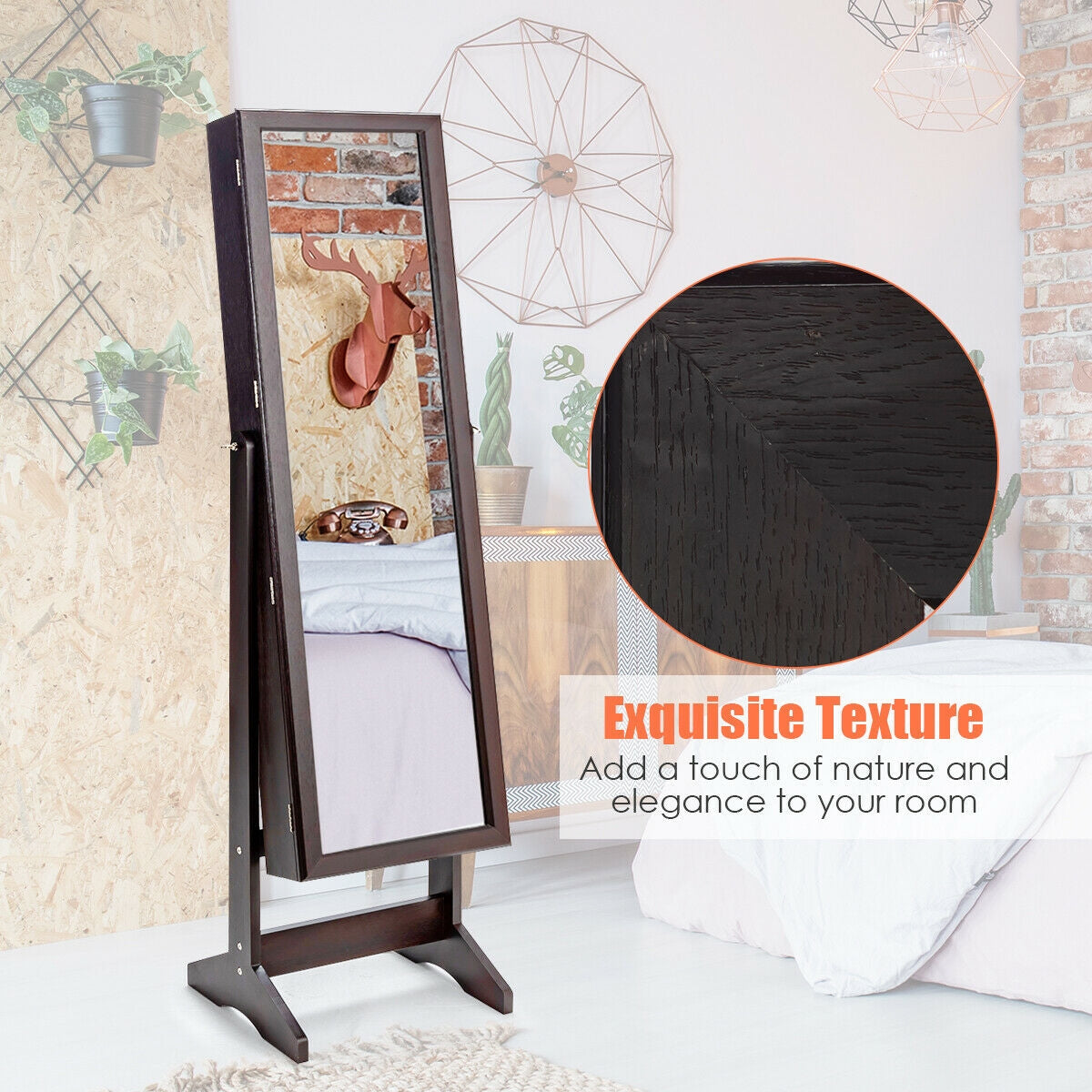 Elegant Jewelry Armoire Stand with Full-Length Mirror & Large Storage for Accessories - Brown