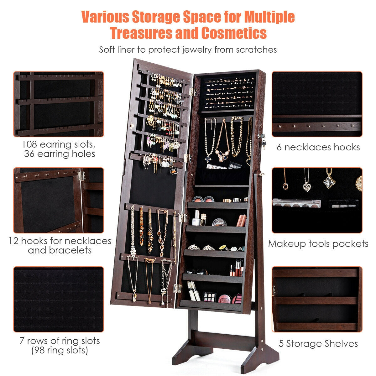 Elegant Jewelry Armoire Stand with Full-Length Mirror & Large Storage for Accessories - Brown