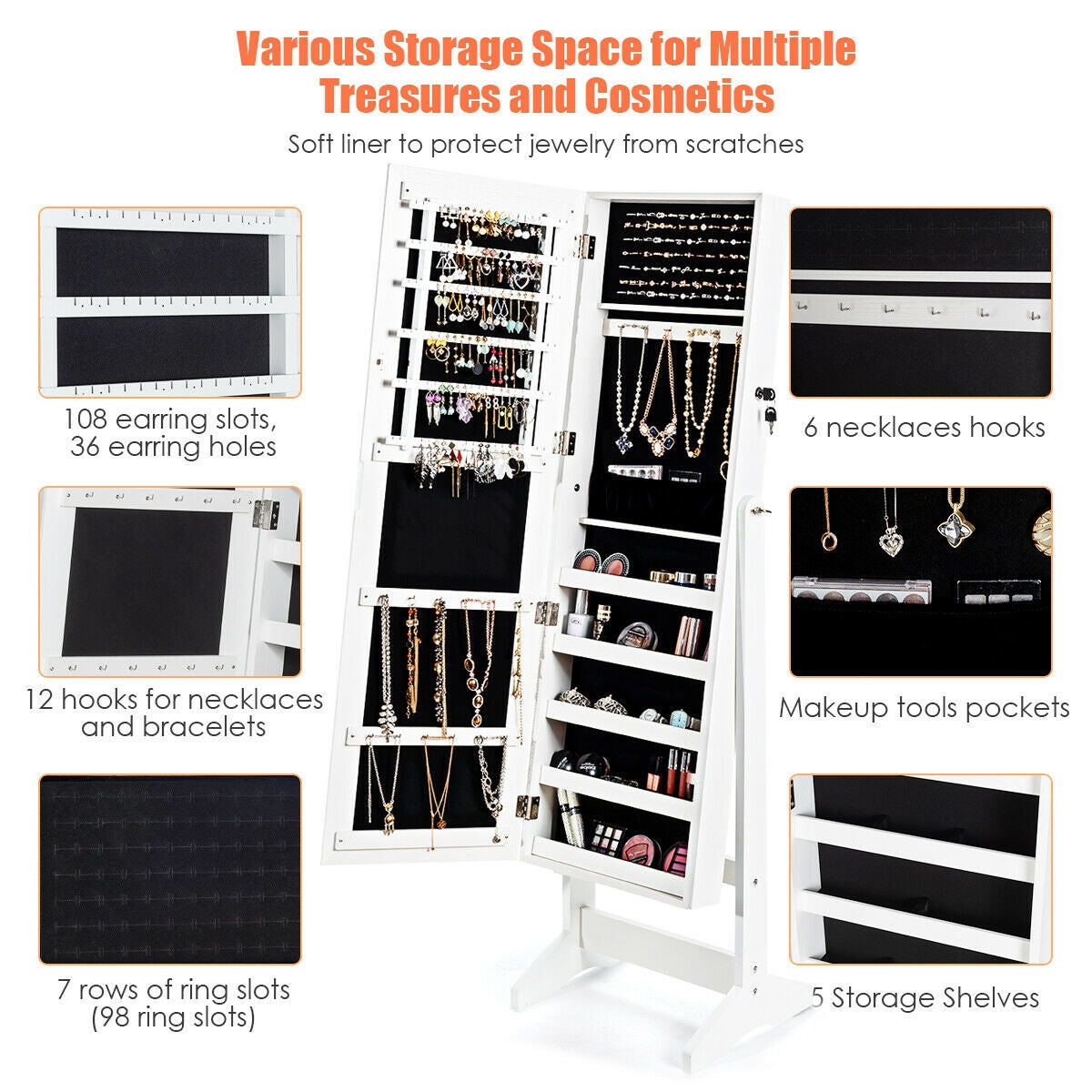 Elegant Jewelry Armoire Stand with Full-Length Mirror & Large Storage for Accessories - White