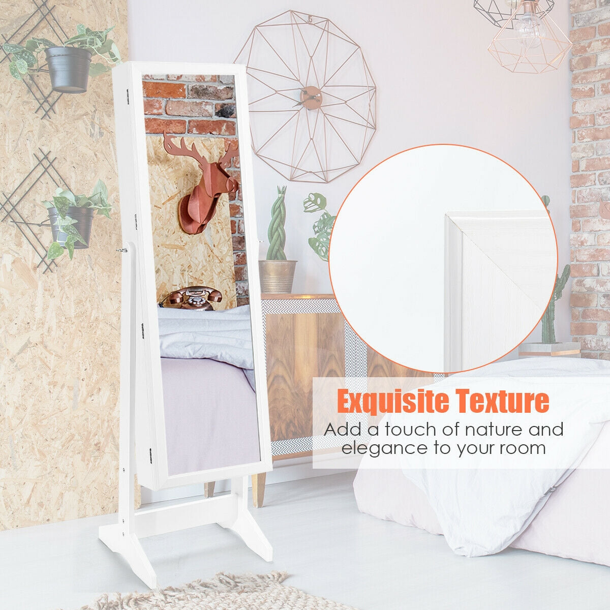 Elegant Jewelry Armoire Stand with Full-Length Mirror & Large Storage for Accessories - White