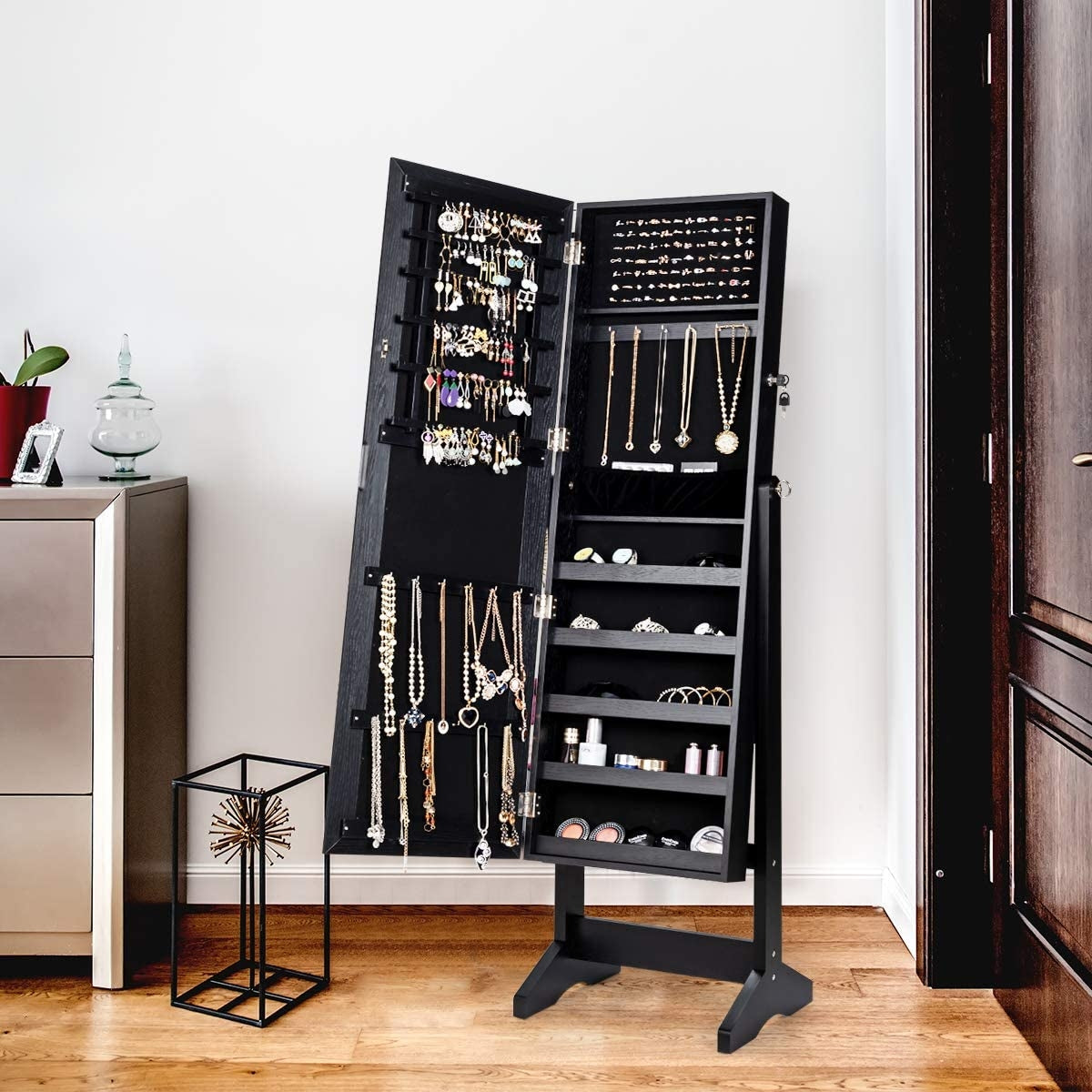 Elegant Jewelry Armoire Stand with Full-Length Mirror & Large Storage for Accessories - Black