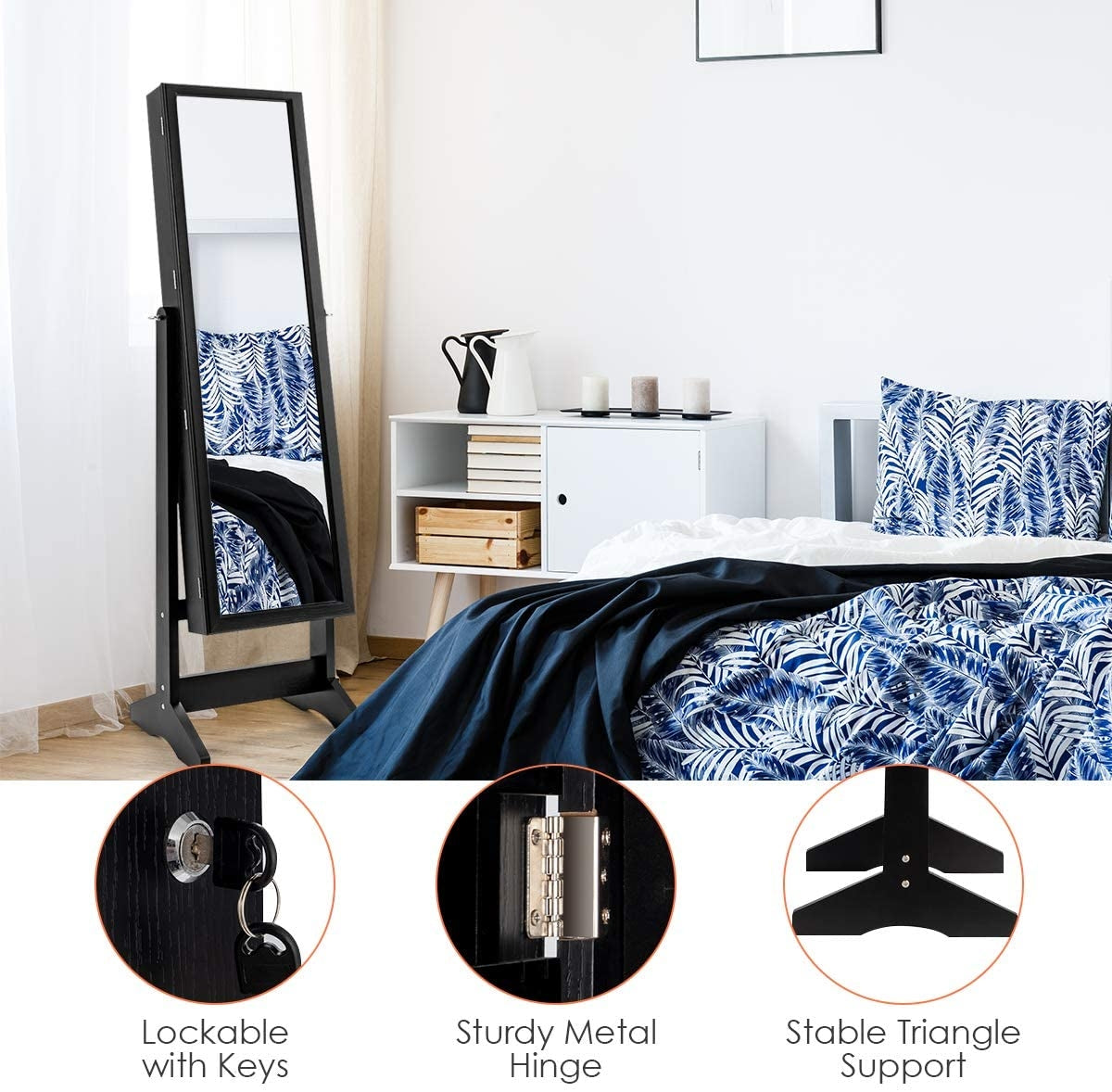 Elegant Jewelry Armoire Stand with Full-Length Mirror & Large Storage for Accessories - Black