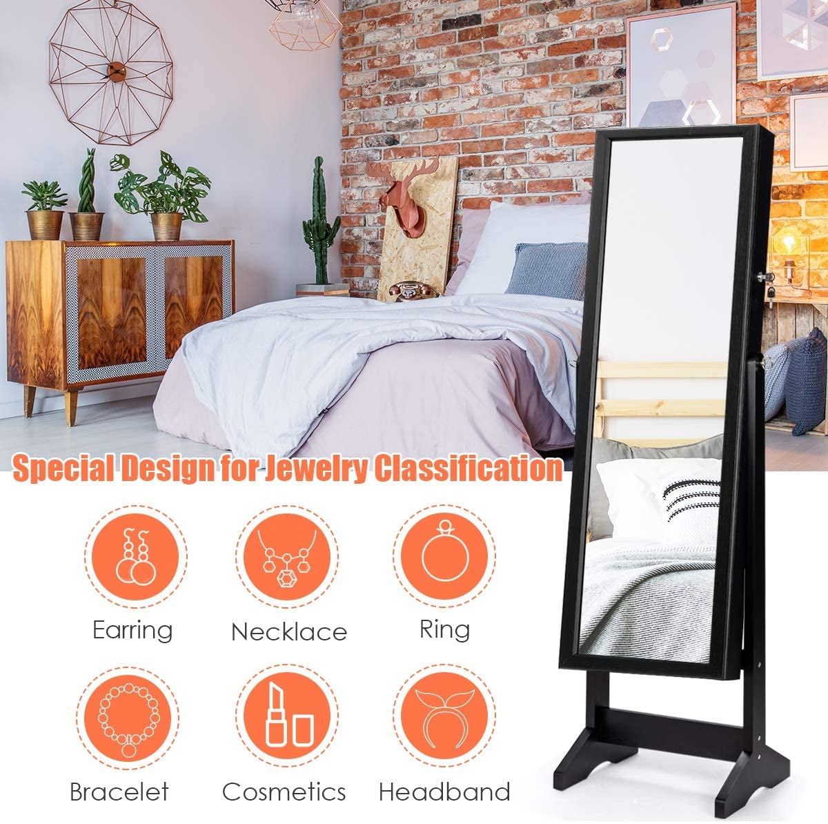 Elegant Jewelry Armoire Stand with Full-Length Mirror & Large Storage for Accessories - Black