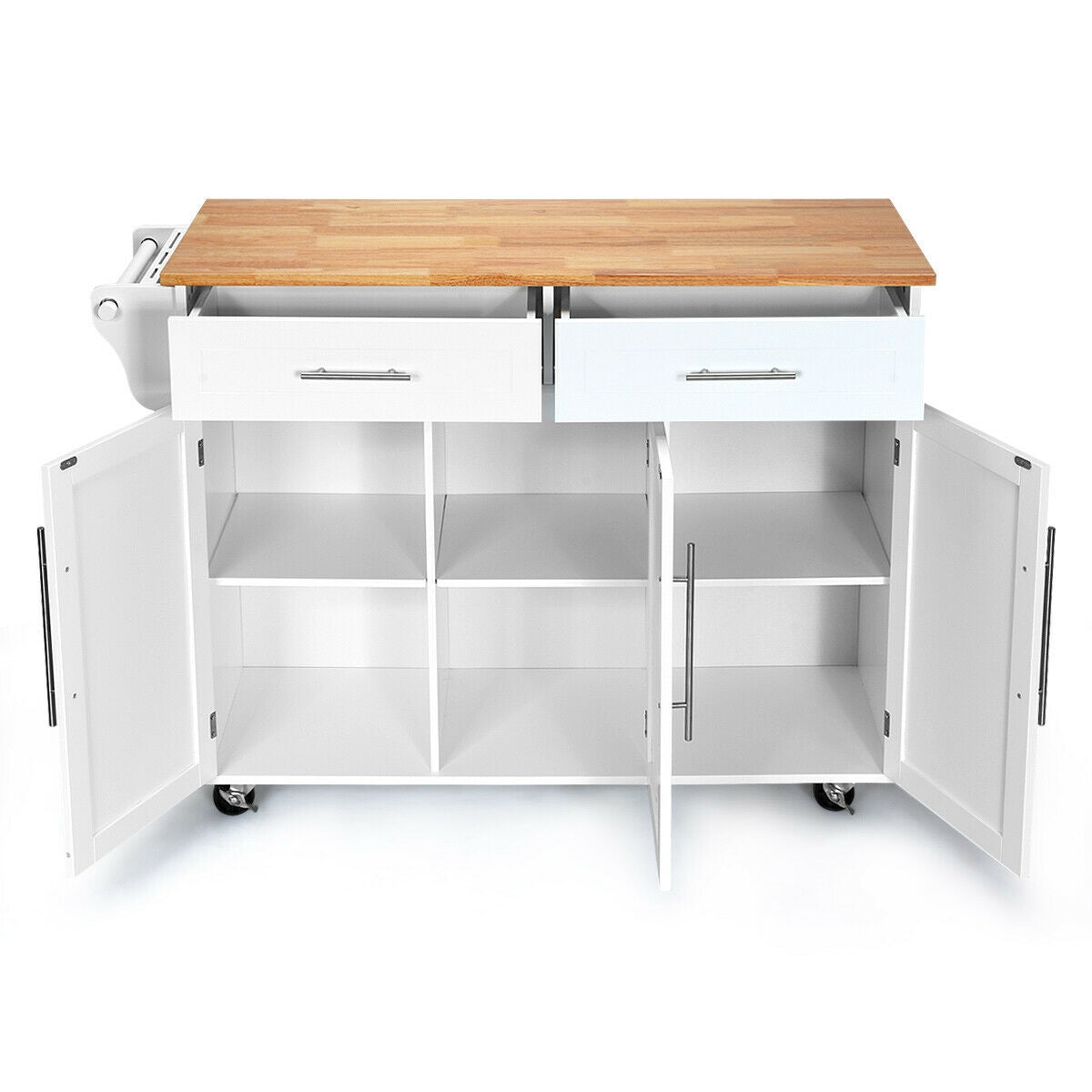 Rolling Kitchen Island Cart with Wood Top Storage Cabinets Drawers and Knife Block - White