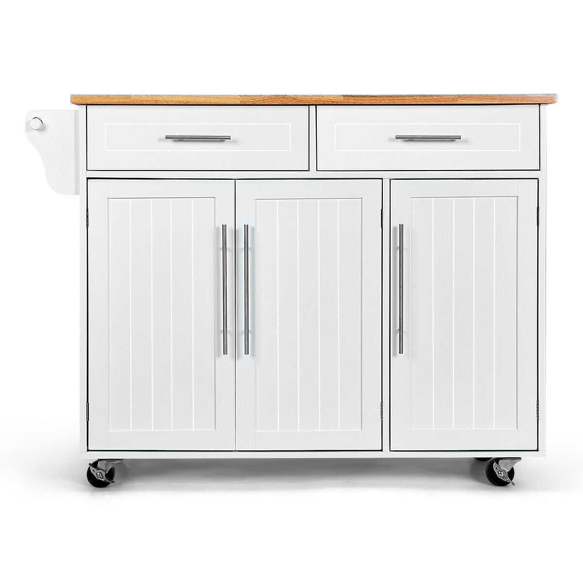 Rolling Kitchen Island Cart with Wood Top Storage Cabinets Drawers and Knife Block - White