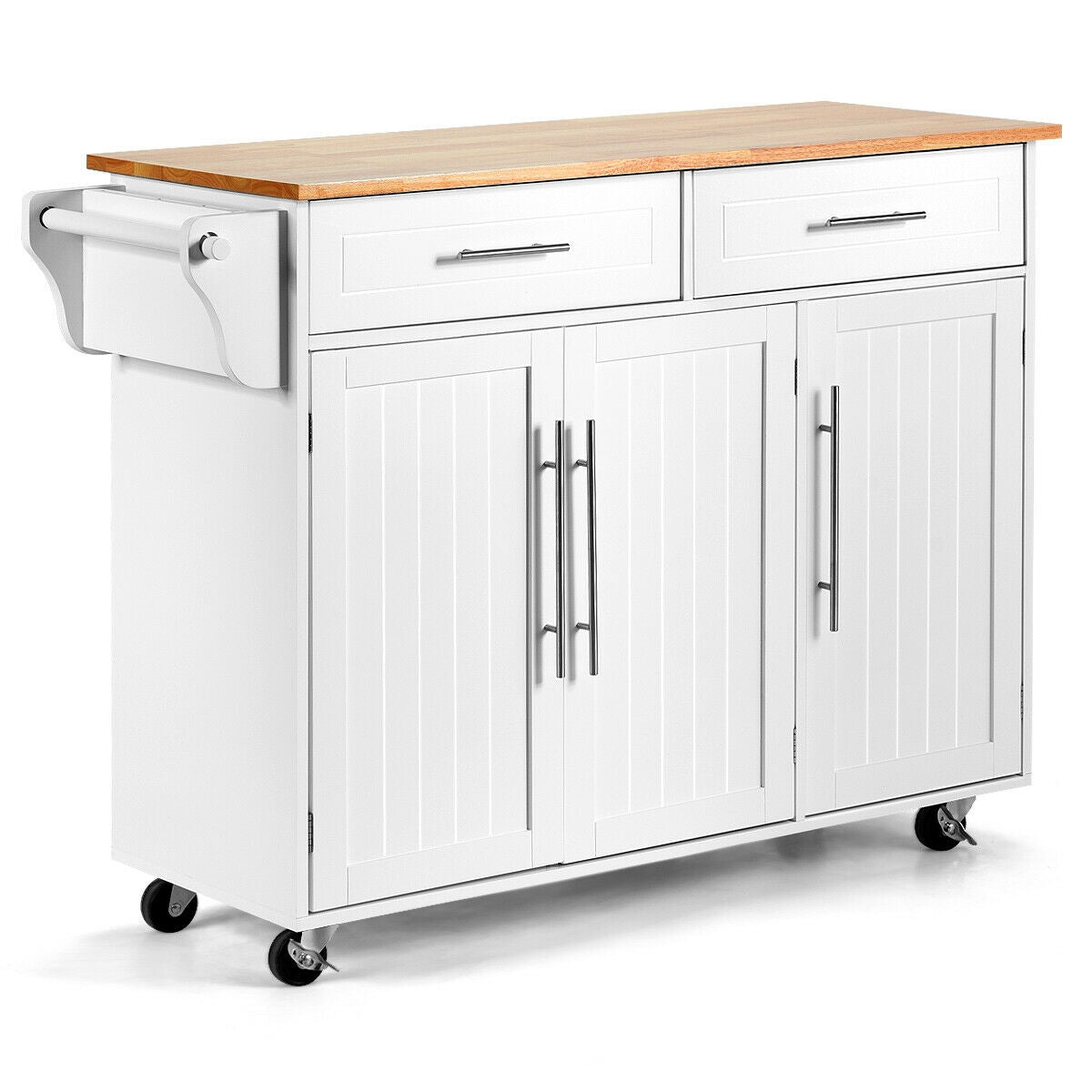 Rolling Kitchen Island Cart with Wood Top Storage Cabinets Drawers and Knife Block - White