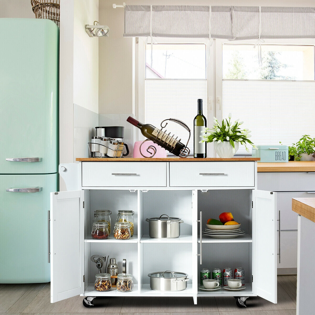 Rolling Kitchen Island Cart with Wood Top Storage Cabinets Drawers and Knife Block - White