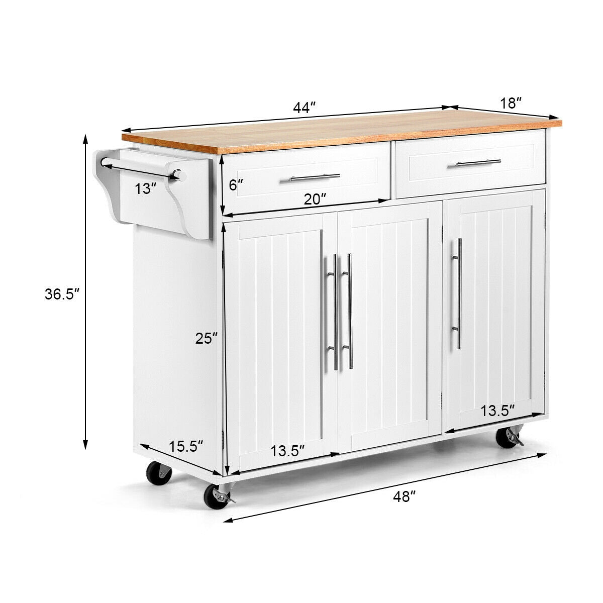 Rolling Kitchen Island Cart with Wood Top Storage Cabinets Drawers and Knife Block - White