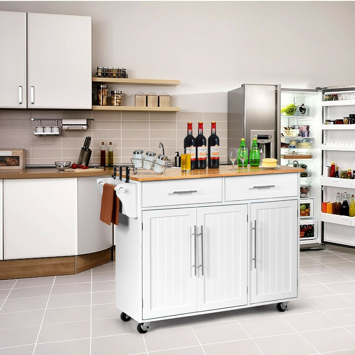 Rolling Kitchen Island Cart with Wood Top Storage Cabinets Drawers and Knife Block - White