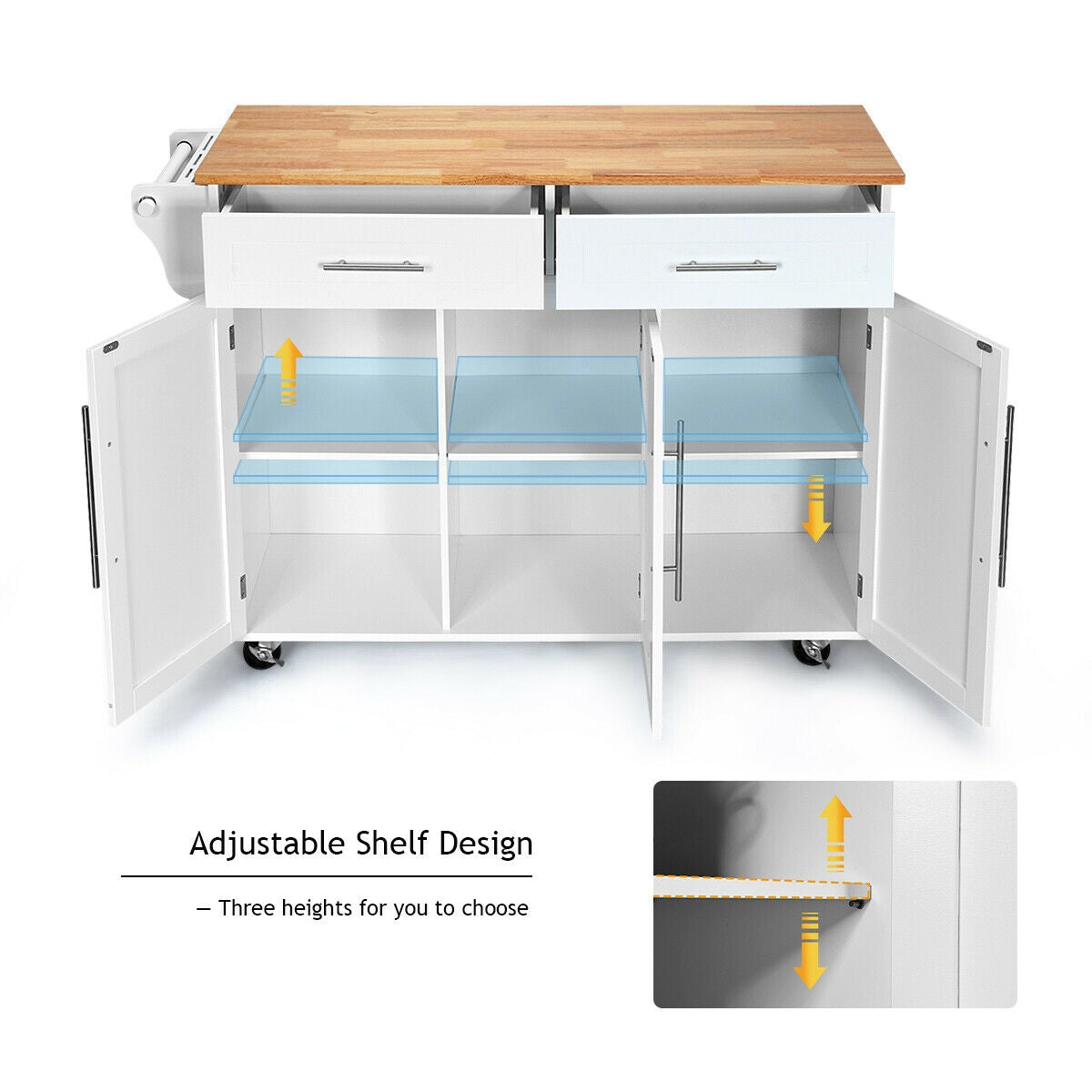 Rolling Kitchen Island Cart with Wood Top Storage Cabinets Drawers and Knife Block - White