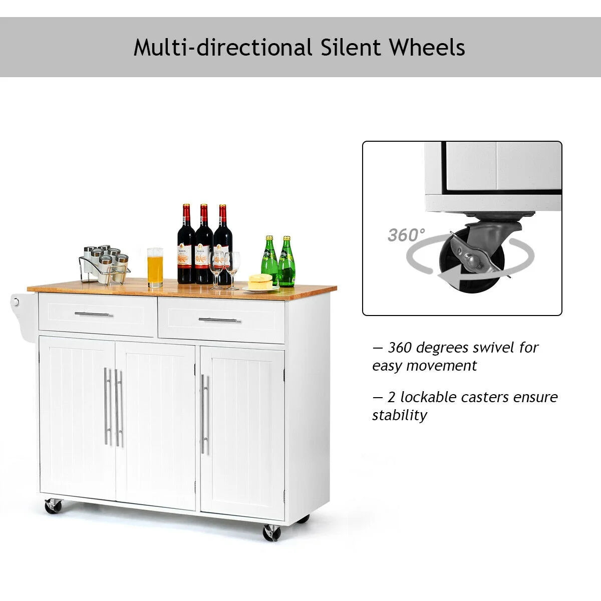 Rolling Kitchen Island Cart with Wood Top Storage Cabinets Drawers and Knife Block - White