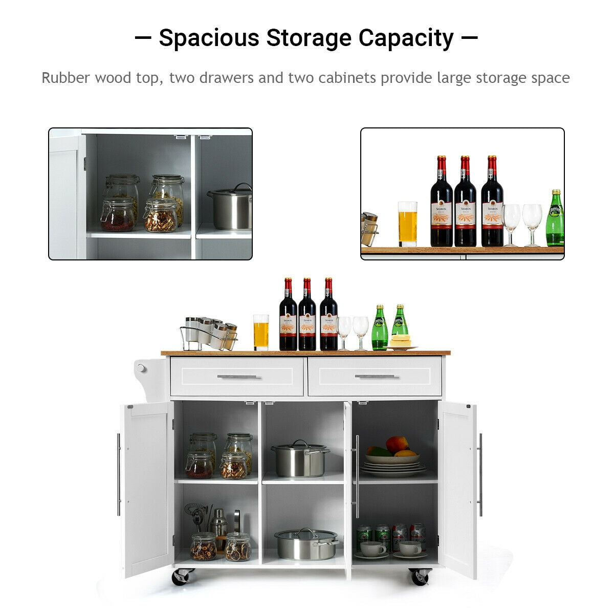 Rolling Kitchen Island Cart with Wood Top Storage Cabinets Drawers and Knife Block - White