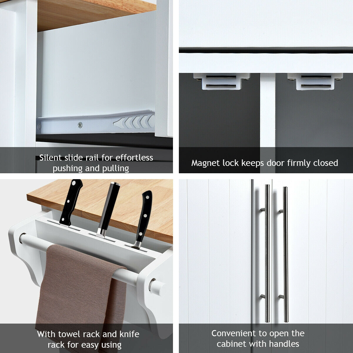 Rolling Kitchen Island Cart with Wood Top Storage Cabinets Drawers and Knife Block - White
