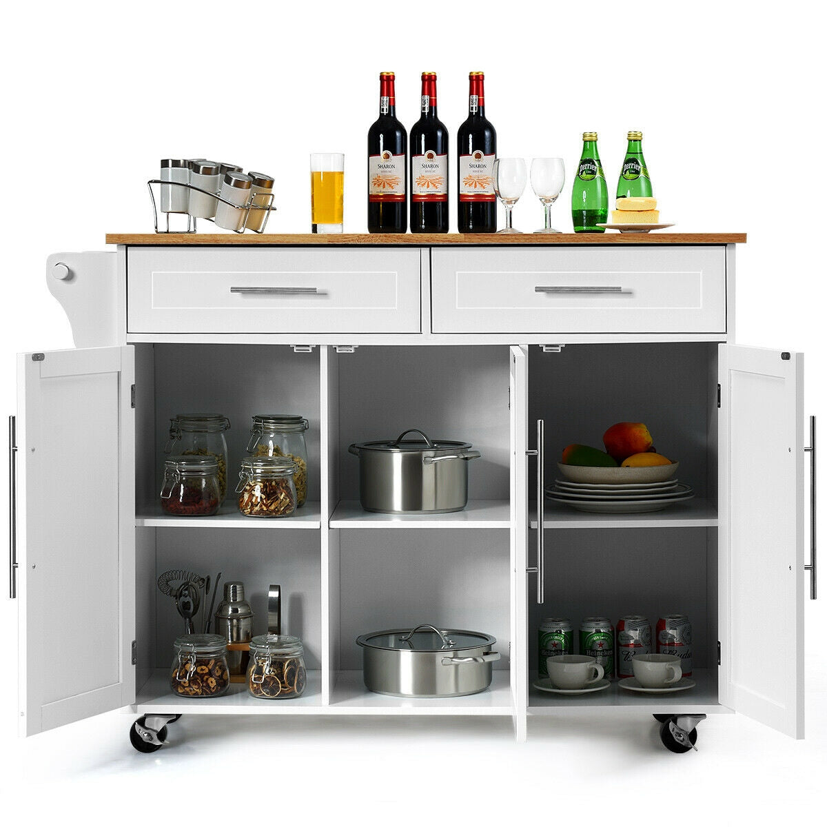 Rolling Kitchen Island Cart with Wood Top Storage Cabinets Drawers and Knife Block - White