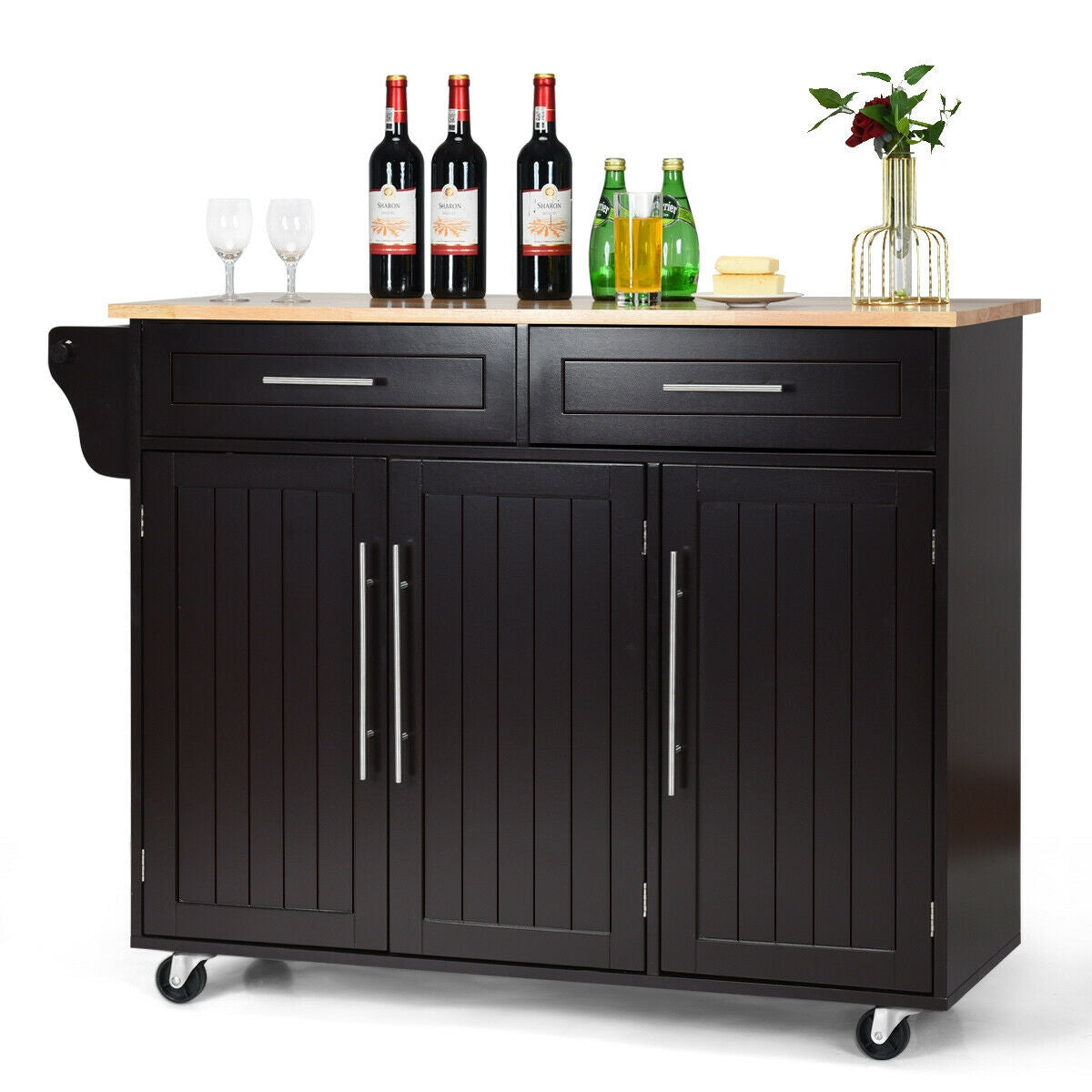 Rolling Kitchen Island Cart with Wood Top Storage Cabinets Drawers and Knife Block - Brown