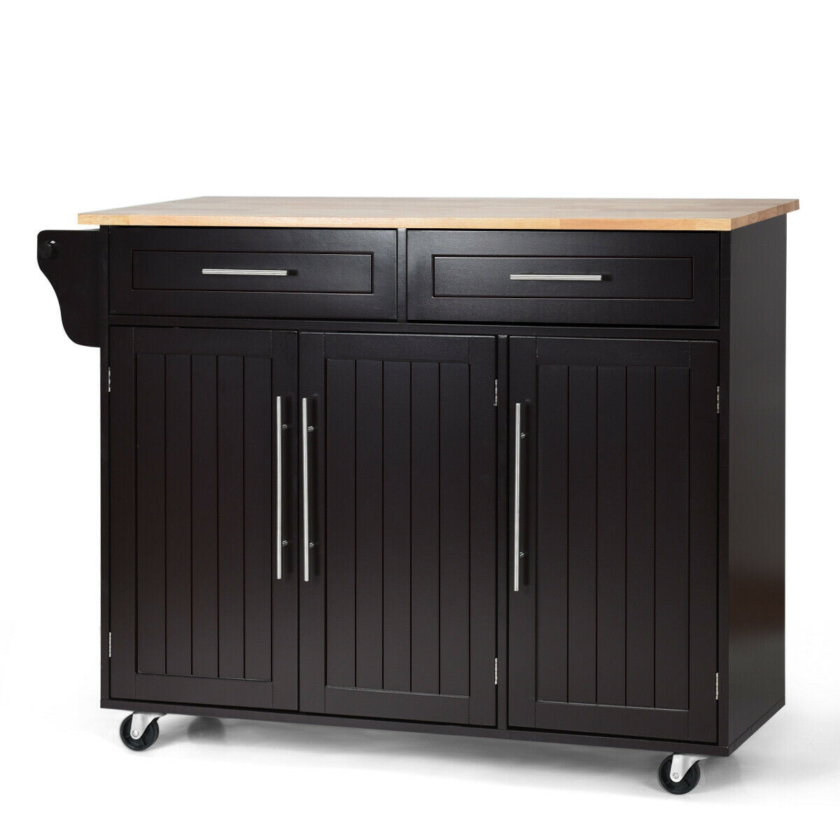 Rolling Kitchen Island Cart with Wood Top Storage Cabinets Drawers and Knife Block - Brown