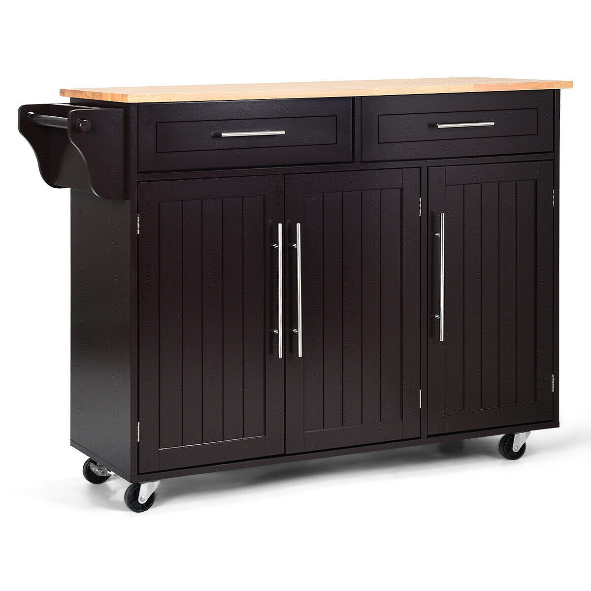 Rolling Kitchen Island Cart with Wood Top Storage Cabinets Drawers and Knife Block - Brown